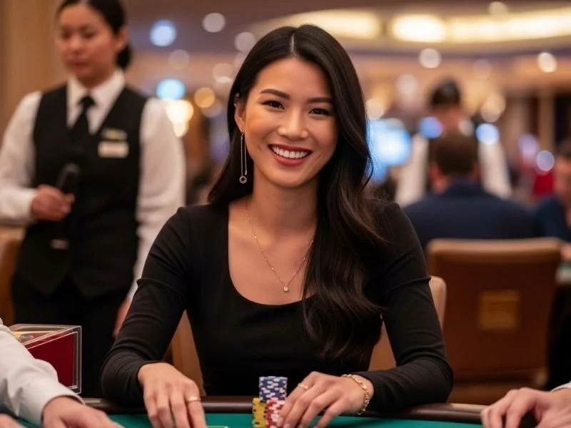 Cheerful woman smiling while playing table games in a casino, enjoying the thrill of Pacquiao Online Casino.