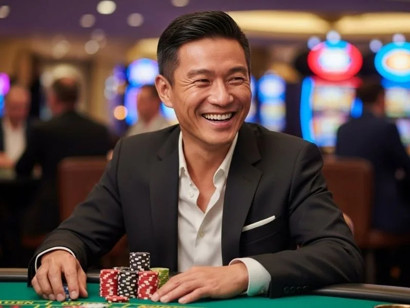 Man enjoying casino games with a smile at a physical casino, representing Pacquiao Online Casino experience.