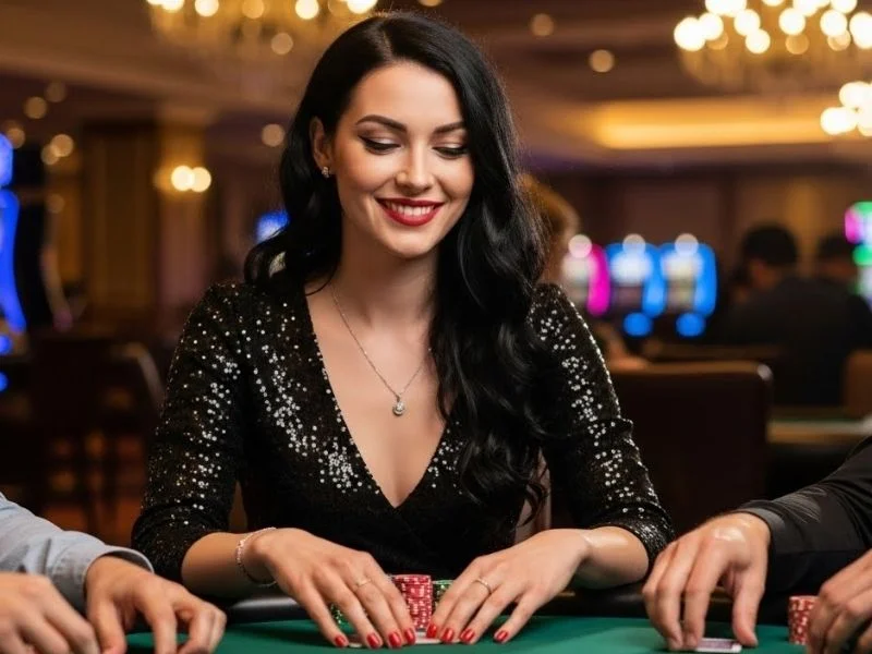Smiling woman enjoying a poker round at a casino, representing Pacquiao Online Casino experience