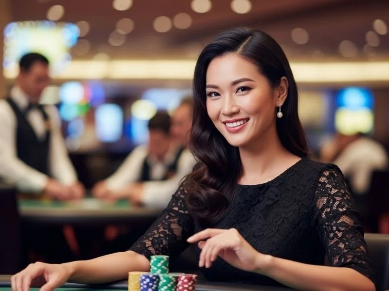Cheerful woman playing table games at a casino, enjoying her winnings at Pacquiao Online Casino.