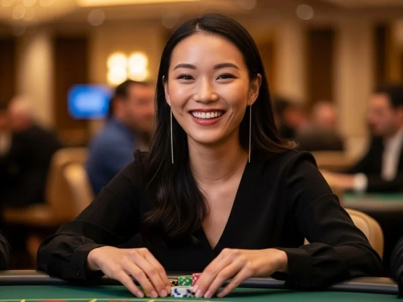 Smiling woman happily resting her hands on a stack of casino chips inside a vibrant physical casino, representing the fun and excitement related to ph bonus casino.