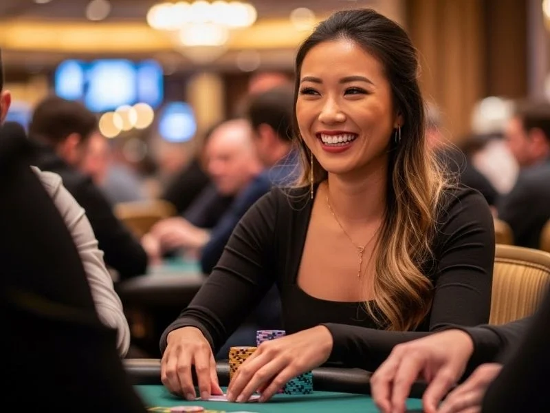 Woman smiling happily while playing a casino table game inside a physical casino for ph bonus casino.