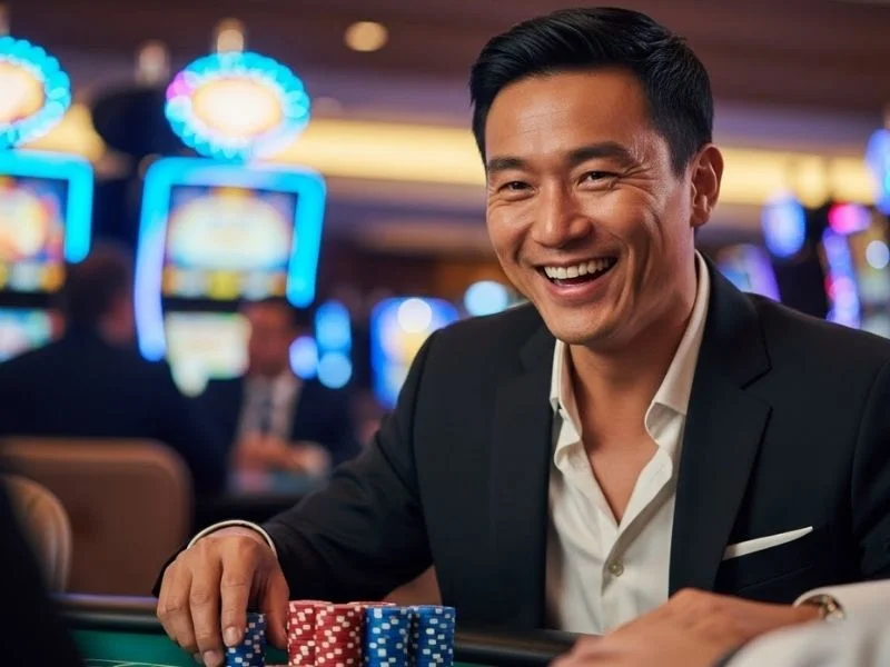 A man happily placing bets at a poker table inside a physical casino, representing the excitement associated with ph bonus casino.