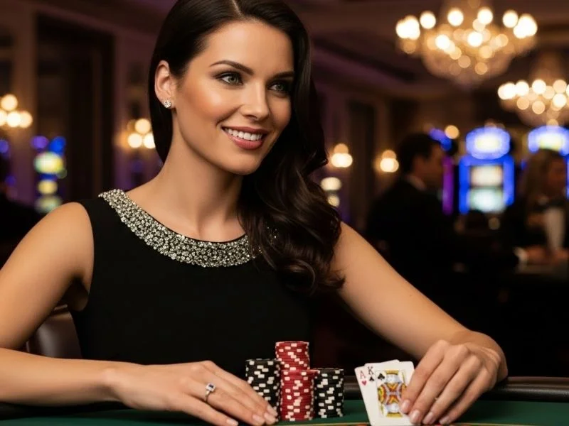 Smiling woman enjoying a poker table in a physical casino environment for ph bonus casino.