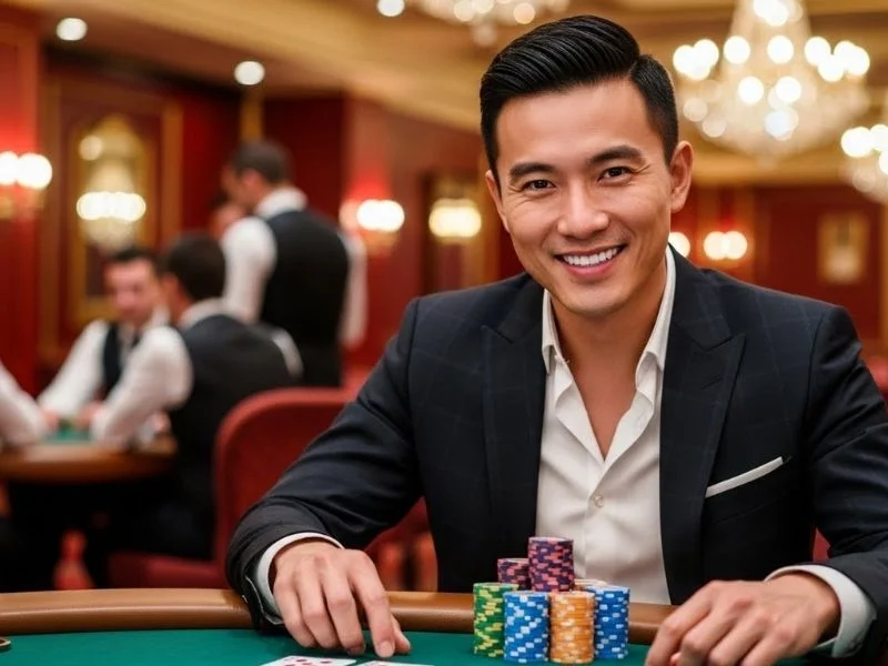 Man smiling at casino table filled with chips while playing, enjoying his winnings at Register Free 100 casino.