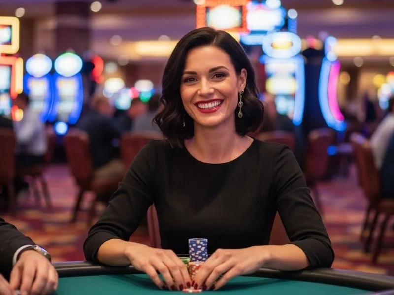 Smiling lady enjoying her casino experience with chips on a poker table at Register Free 100.