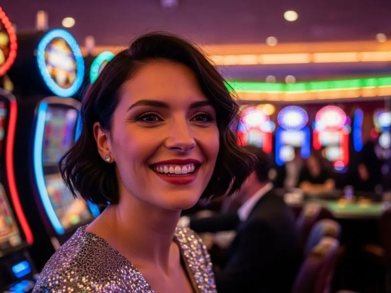 Woman happily playing casino games with chips on the table, enjoying the vibrant casino atmosphere at Register Free 100.