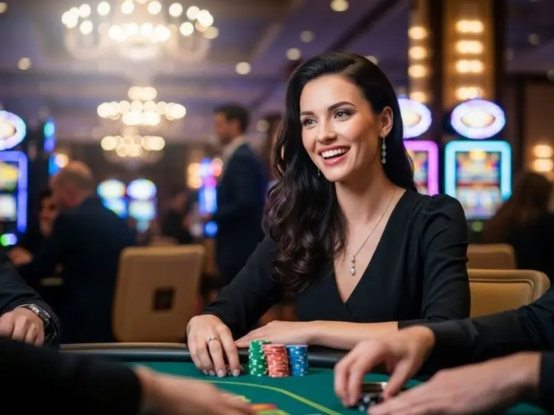 Happy woman enjoying a table game at a 3win8 online casino inside a lively casino environment