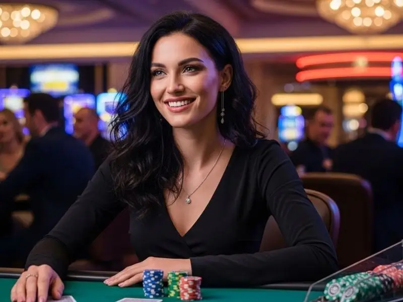 Lady smiling while playing poker inside a casino at 3win8 online casino