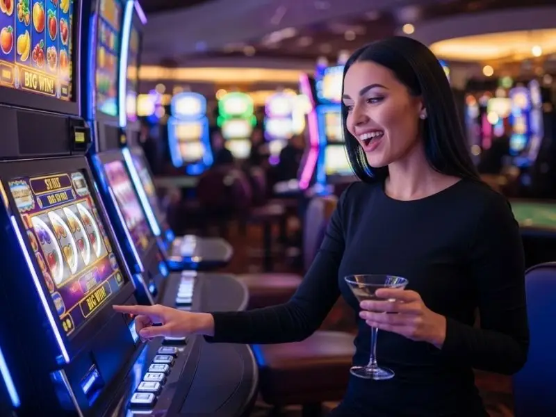 Smiling woman enjoying a slot machine game at a casino, showcasing 3win8 online casino excitement
