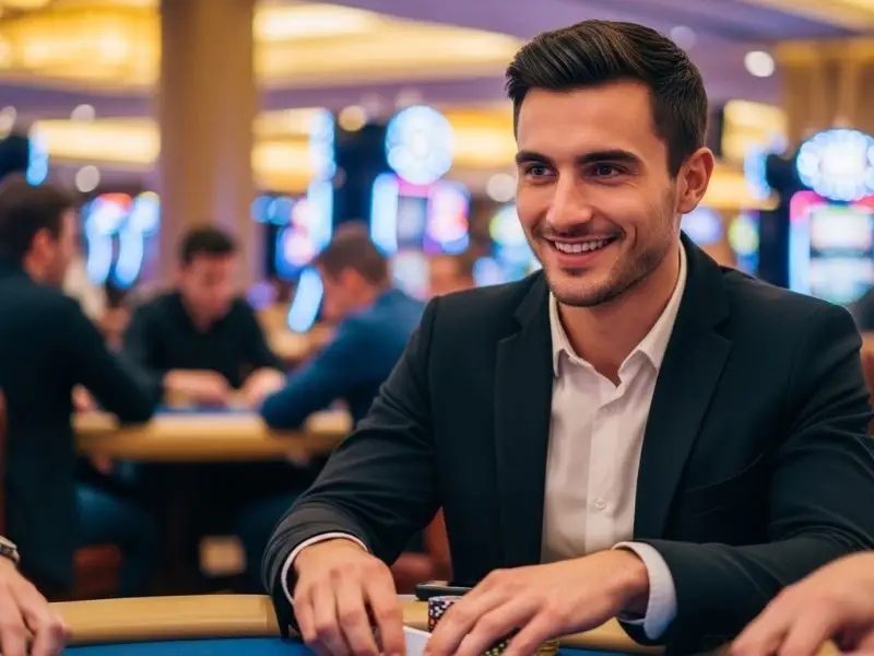 Smiling man playing poker at 55 BMW Casino Online inside a lively casino