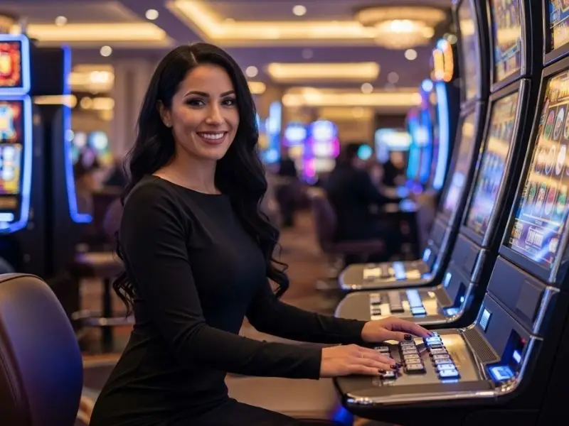 Woman enjoying a slot machine game inside a casino, playing at 55 BMW Casino Online.