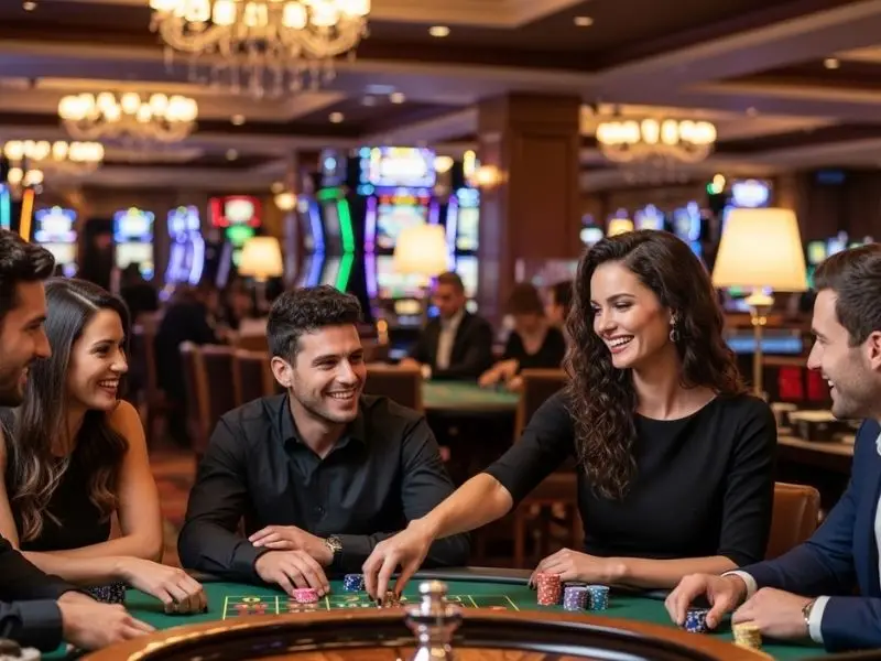 Friends smiling and playing roulette inside a casino, 55bmw com register