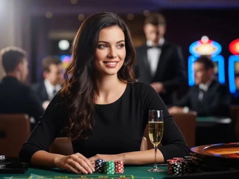 Lady smiling with chips on roulette table inside a casino, 55bmw com register