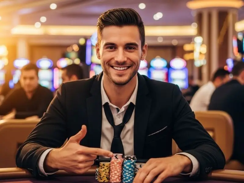 Man smiling with chips stack inside a casino, representing 55bmw com register