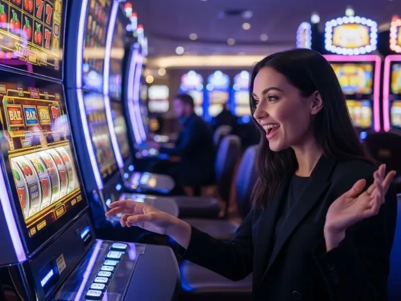 Smiling lady playing a slot machine at a casino | 55bmw com register