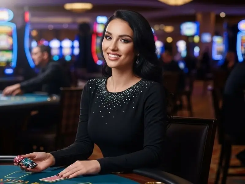 Lady enjoying playing casino table games happily at 8k8 com login password platform inside a vibrant casino