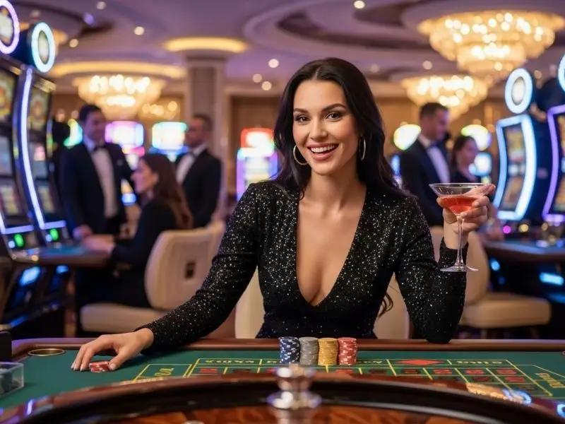 Woman enjoying a roulette game in a casino, illustrating 8k8 com login password access to online casino features