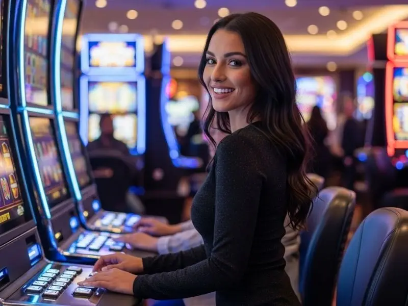 Woman smiling happily after winning at slots in a casino, celebrating her 8k8 com login password win