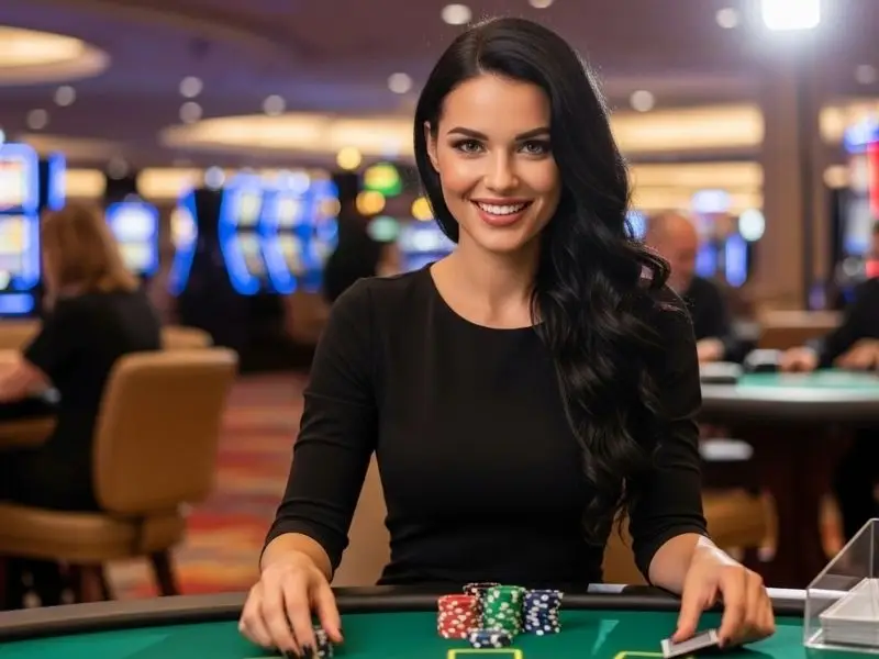 Lady happily placing a bet on a poker round at 8k8 online casino inside a lively casino
