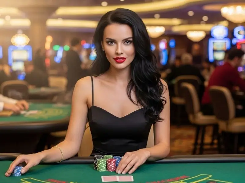 8k8 online casino player happily placing a bet on a poker table inside a casino