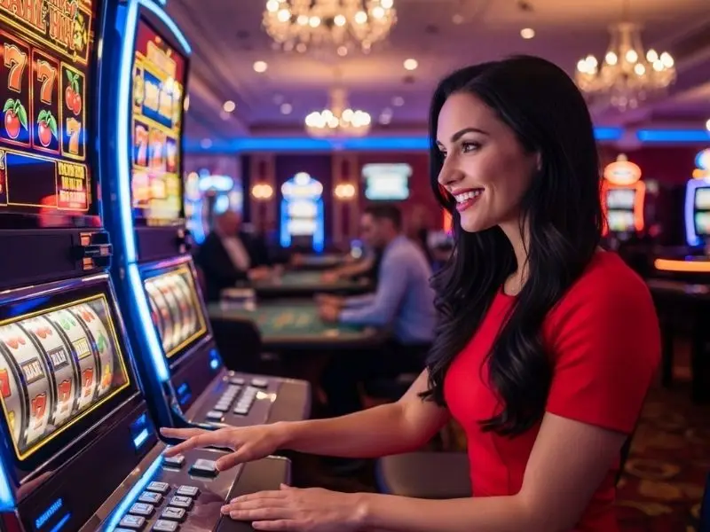 Woman happily playing slots machine inside a casino at 8k8 online casino
