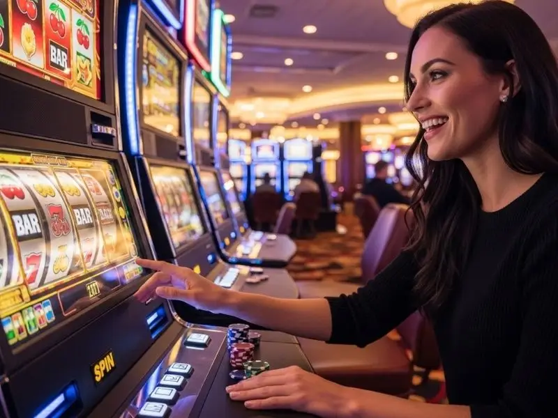 Lady enjoying a slot machine game at BL777 online casino inside a lively casino setting