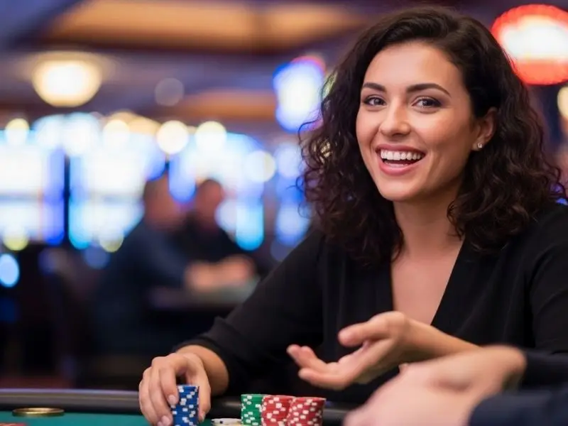 Lady smiling while playing at bl777 online casino with colorful casino chips inside a vibrant casino