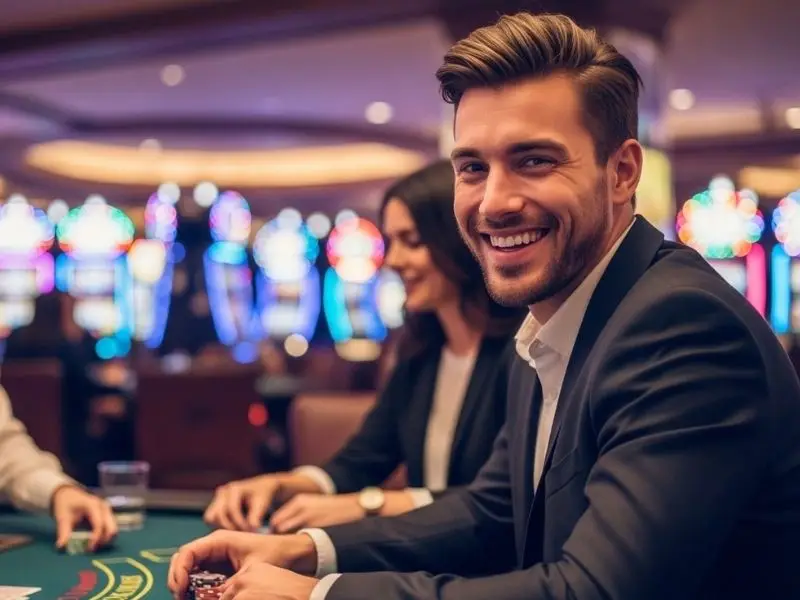 Man enjoying playing with friends at BL777 online casino inside a lively casino setting