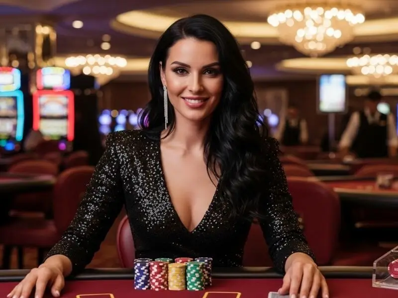 Smiling woman holding casino chips at a table inside a casino, enjoying BL777 online casino