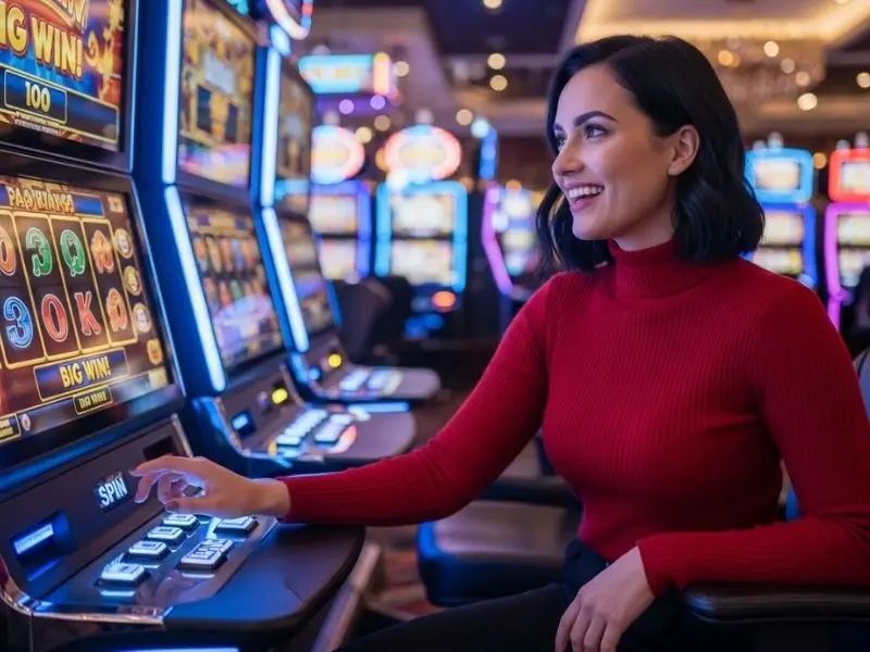 Lady happily pressing a slot machine button inside a casino at CC6 online casino register