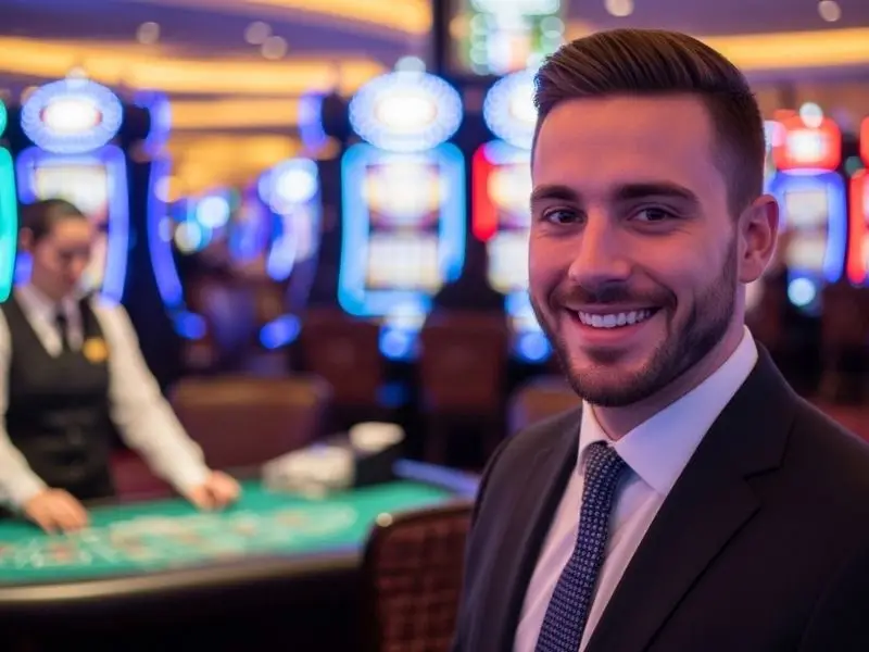 Man enjoying casino atmosphere at CC6 online casino register, playing games and having fun indoors