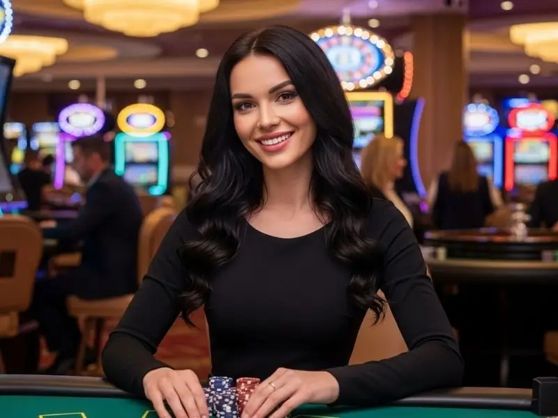 Smiling woman holding chips inside a casino, enjoying playing at Jiliko slot online casino