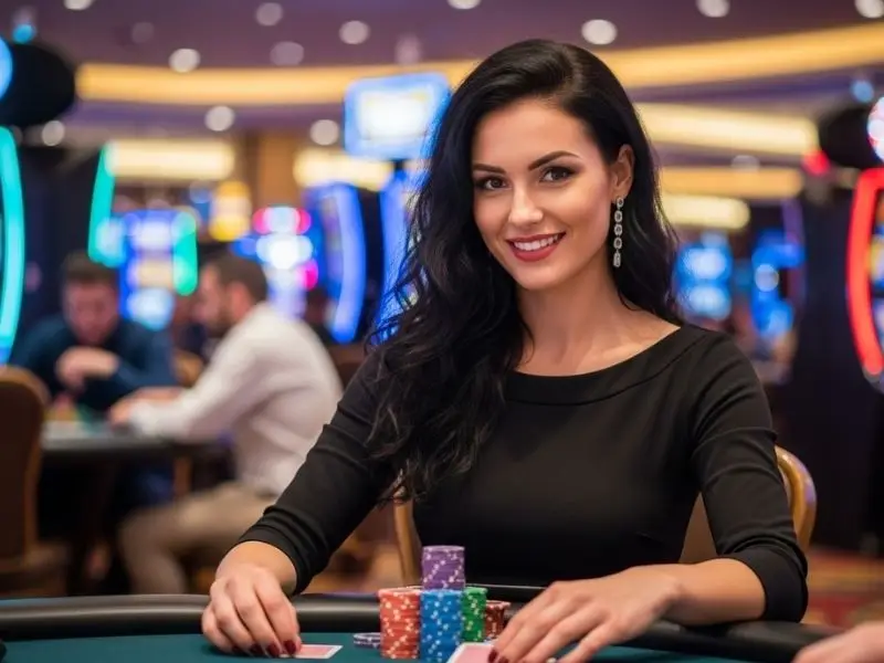 Happy woman enjoying poker games at a lively casino, playing on jiliko slot online casino machines
