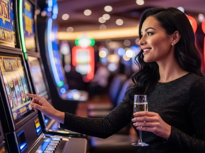 Young lady happily playing a slot machine at a casino, enjoying the excitement of Jiliko slot online casino
