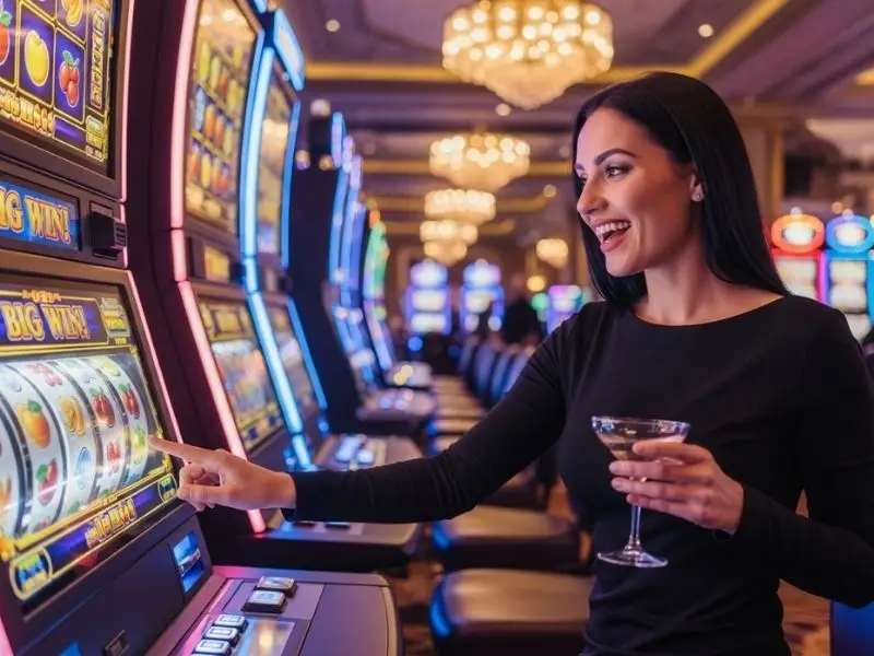 Woman enjoying playing slots at Lucky Calico Online Casino inside a lively casino setting