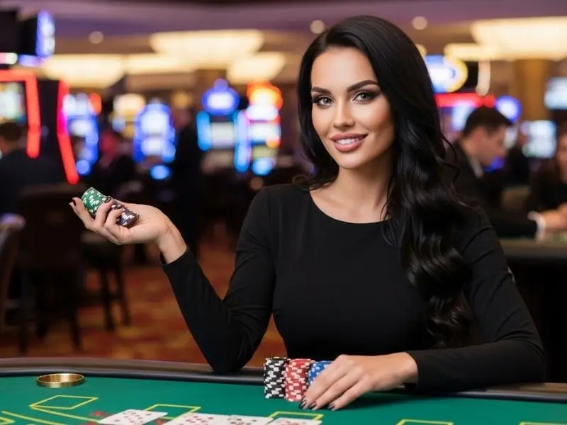 Lady enjoying a slot machine game at a casino, experiencing fun and excitement at phlove online casino