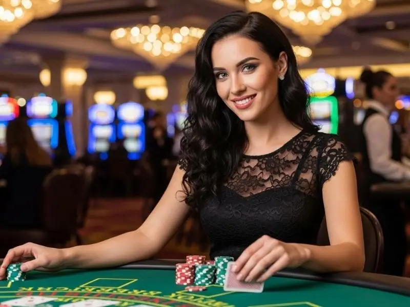 Woman smiling while placing bets during a poker round at phlove online casino inside a lively casino setting