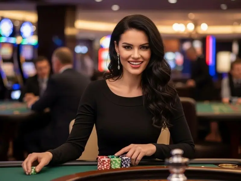 Woman smiling while playing roulette at a lively casino, enjoying the excitement at phlove online casino