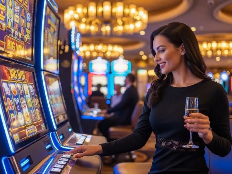 Young woman happily playing a slots machine at a casino, enjoying her winnings at phlove online casino.