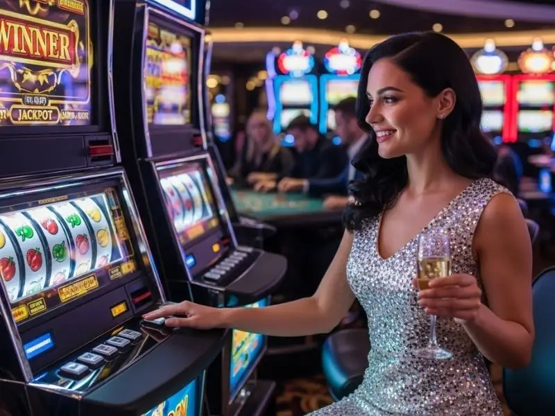 Woman playing slot machines happily at g7bet online casino inside a modern casino