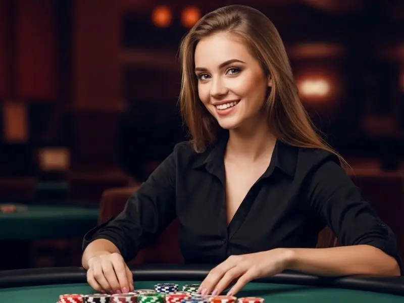 Woman smiling inside a casino while holding a stack of chips at g7bet online casino
