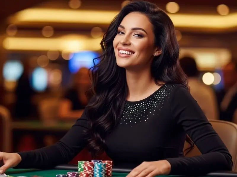 Woman laughing while playing poker at a casino table, enjoying her experience at gstar28 online casino