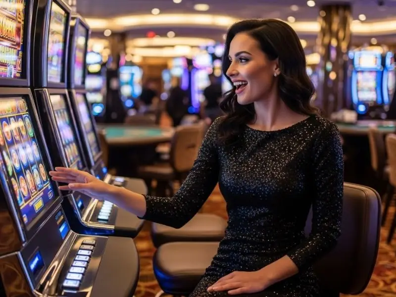 Woman happily playing slots machine at a casino, enjoying her winnings at gstar28 online casino