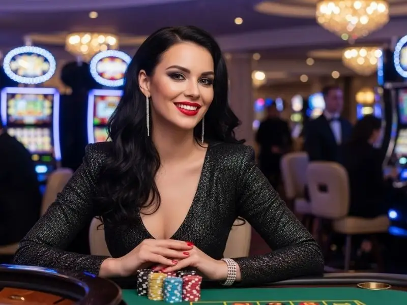 Woman smiling happily at a roulette table inside a casino, enjoying her winnings at gstar28 online casino