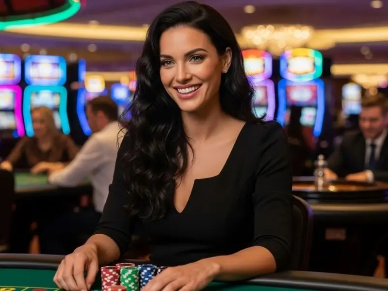 Woman smiling while holding chips at a casino table – gstar28 online casino