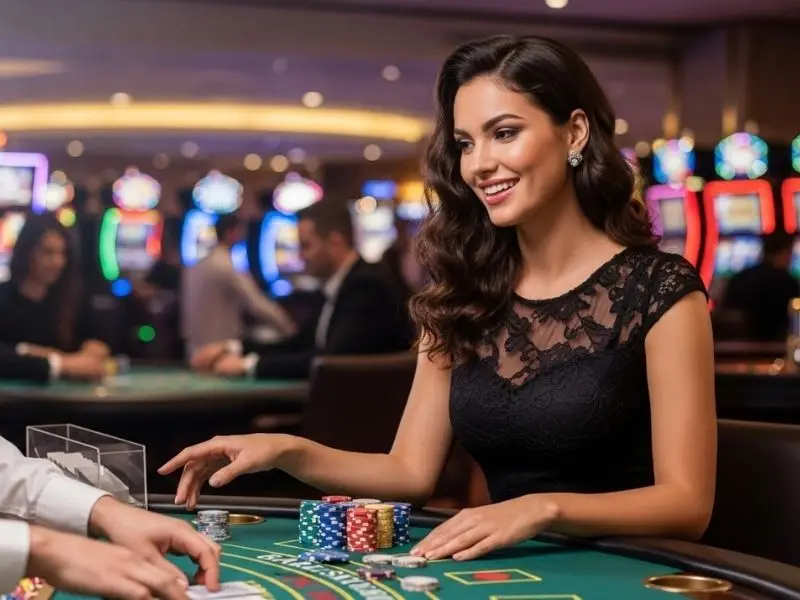 Lady happily playing a table game at S5 online casino inside a lively casino environment