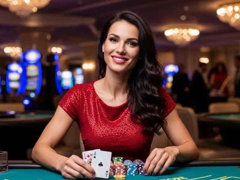 Lady happily playing poker inside a luxury casino at s5 online casino