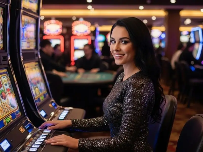 Woman enjoying slots in a vibrant casino at s5 online casino