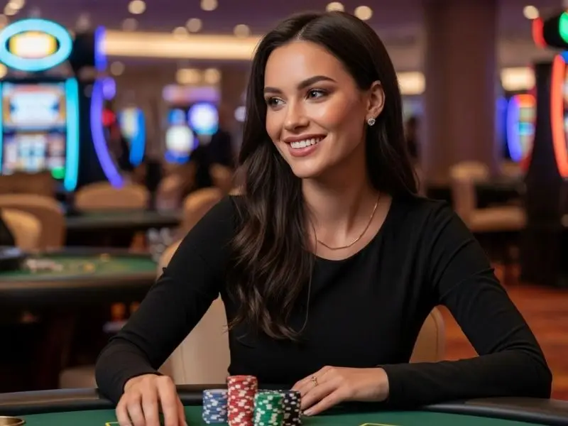 Woman happily playing table games at an S5 online casino inside a casino environment